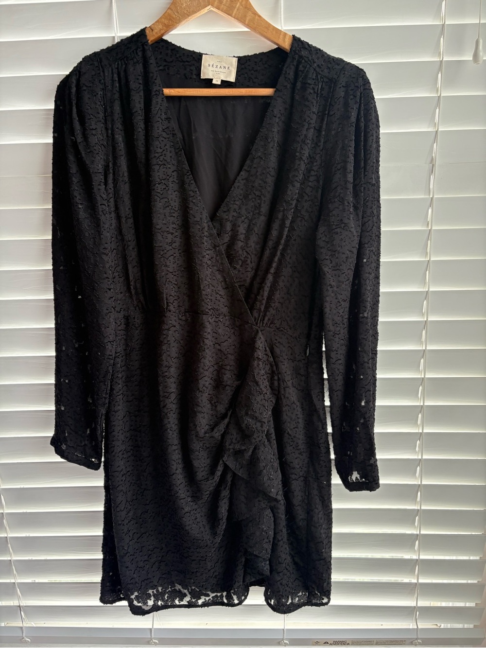 Sezane Black Lace Long Sleeve V-Neck Ruffle Dress